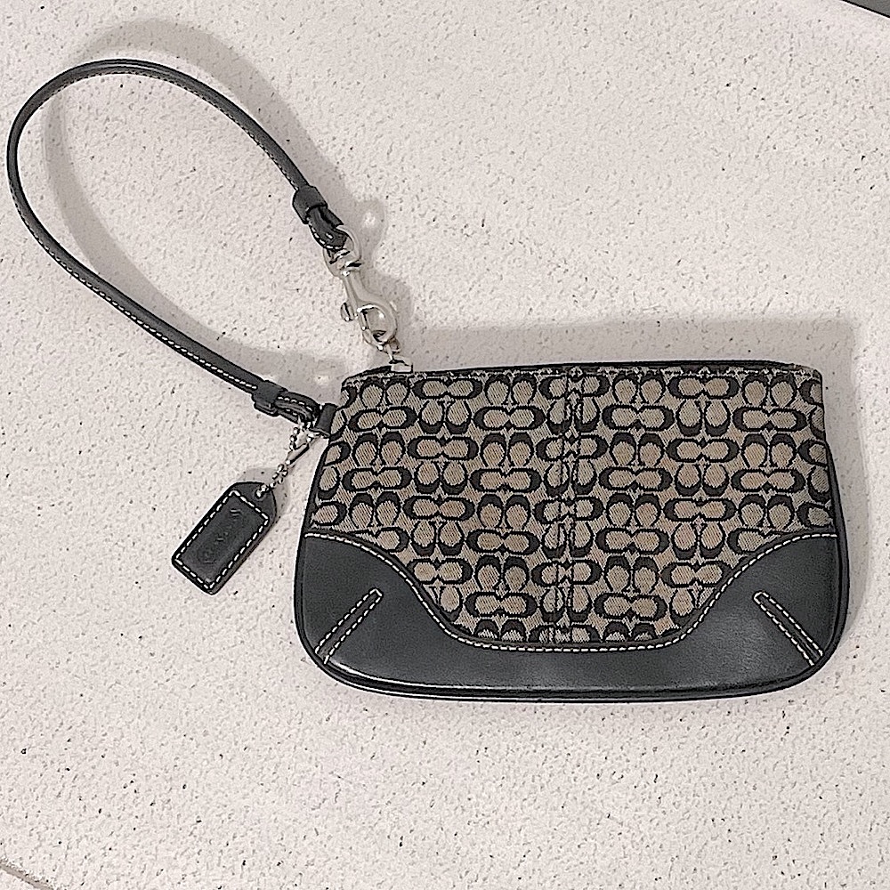 Coach Black Signature Wristlet with Leather Trim